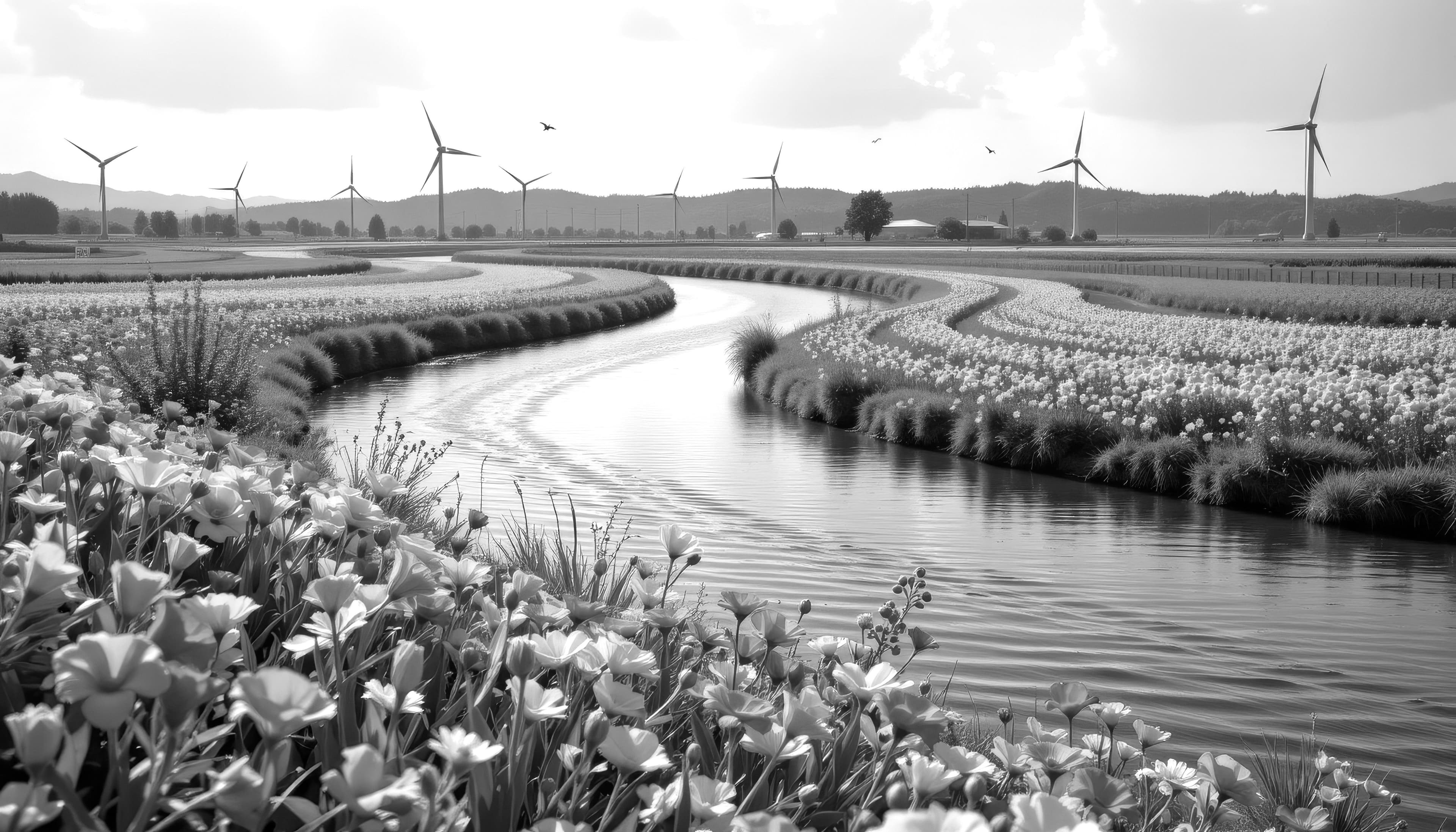 Wind turbines and flower fields