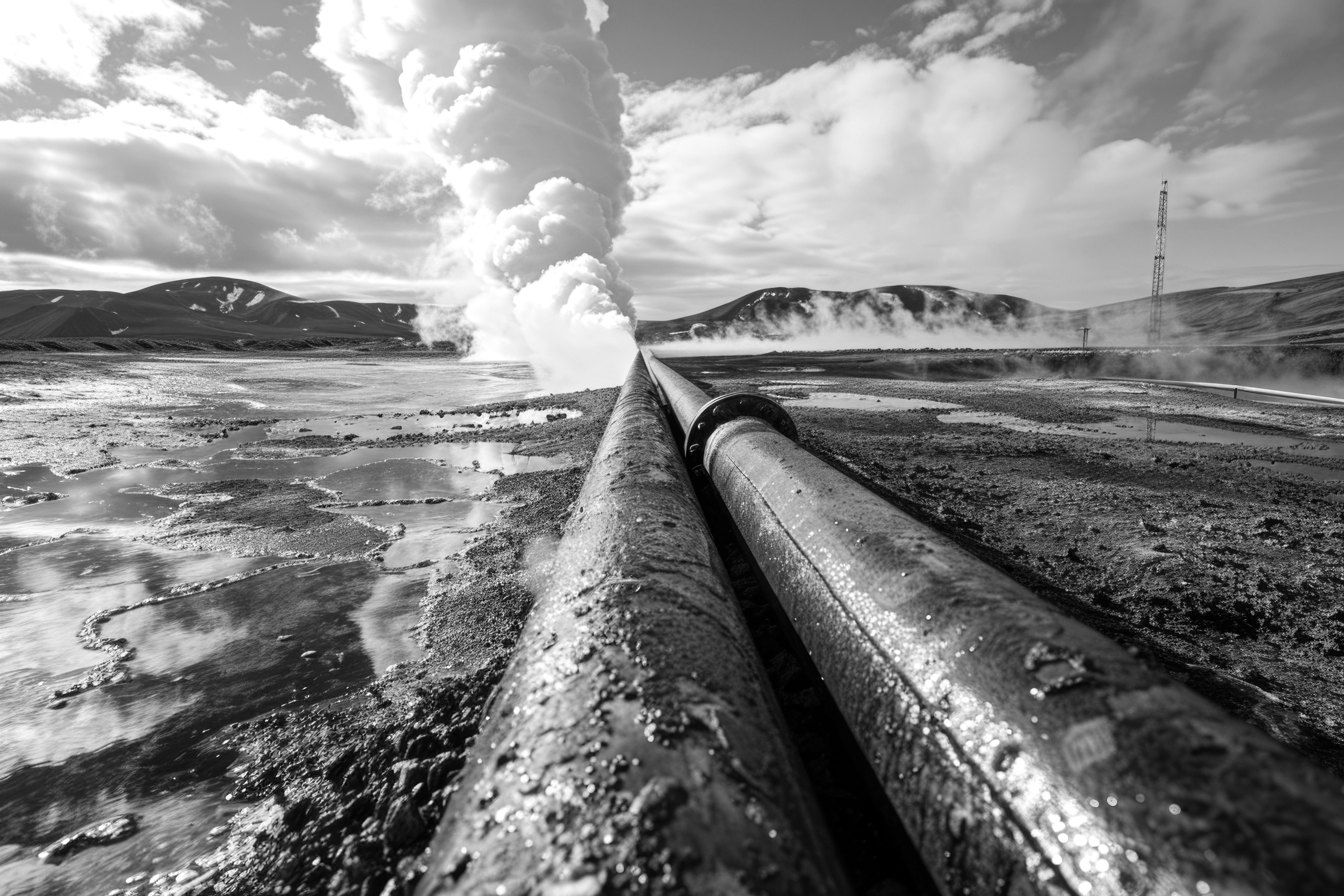 View to geothermal power plant in mountains